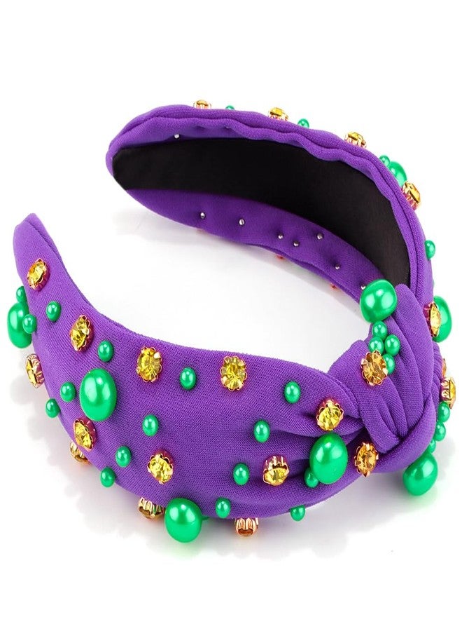 AHONEY Mardi Gras Headband for Women Girls Purple Green Gold Pearl Rhinestone Jeweled Knotted Cloth Hairband Carnival Wide Knot Head Band Mardi Gras Outfit for Women's Hair Accessories - Image 2
